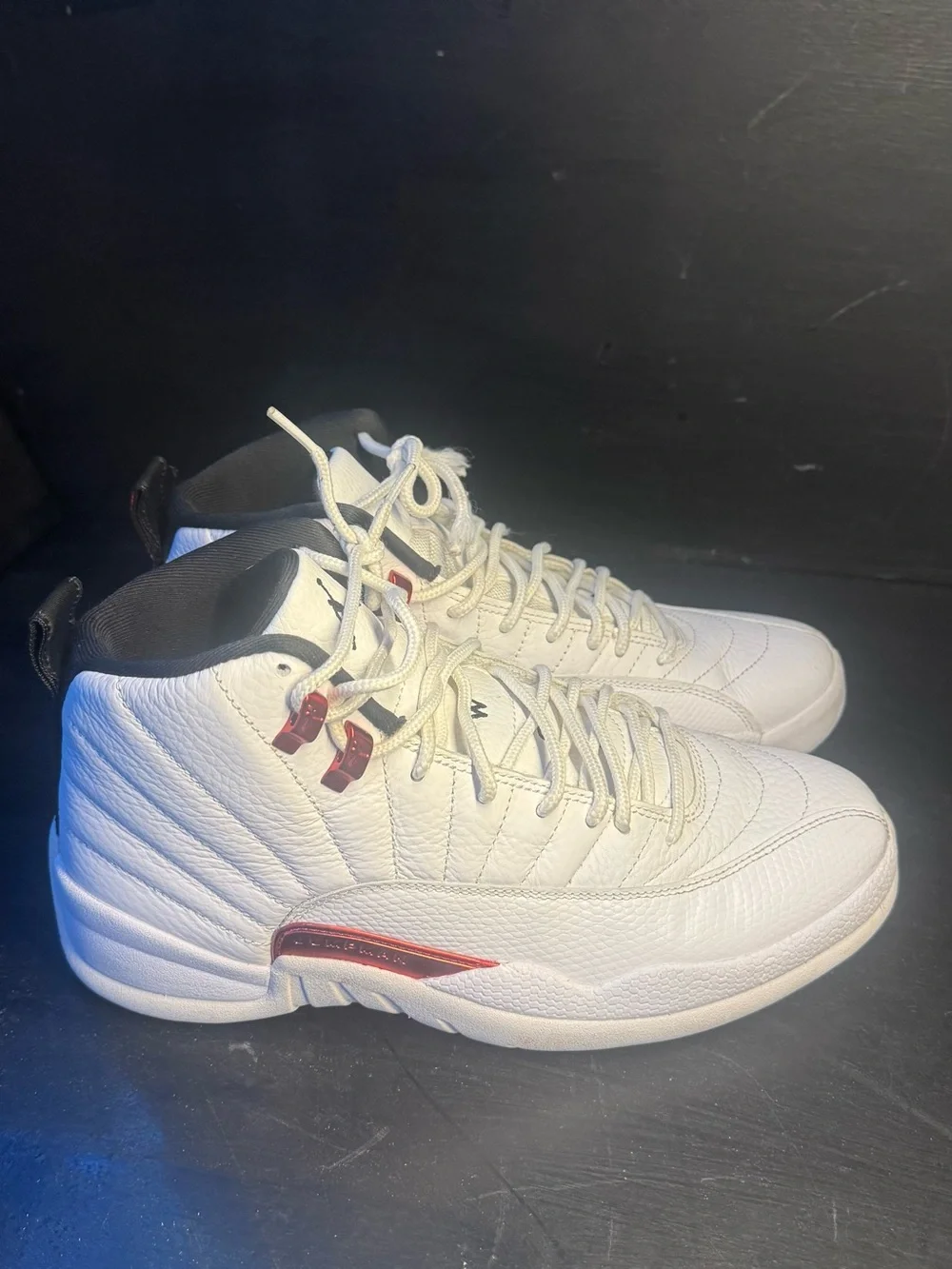 Men's Jordan 12 White High-Top Athletic Sneakers with Red Accents